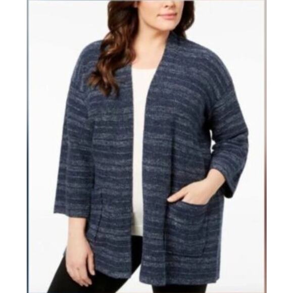 Eileen Fisher Organic Cotton Tweed Striped Cardigan Sweater Sz SP Blue Lagenlook - Picture 1 of 6